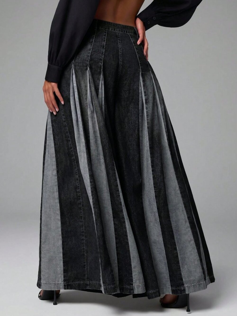 Black Casual Women's Two Tone Color Block Wide Leg Flowy Baggy Denim Jeans - Picture 2 of 7